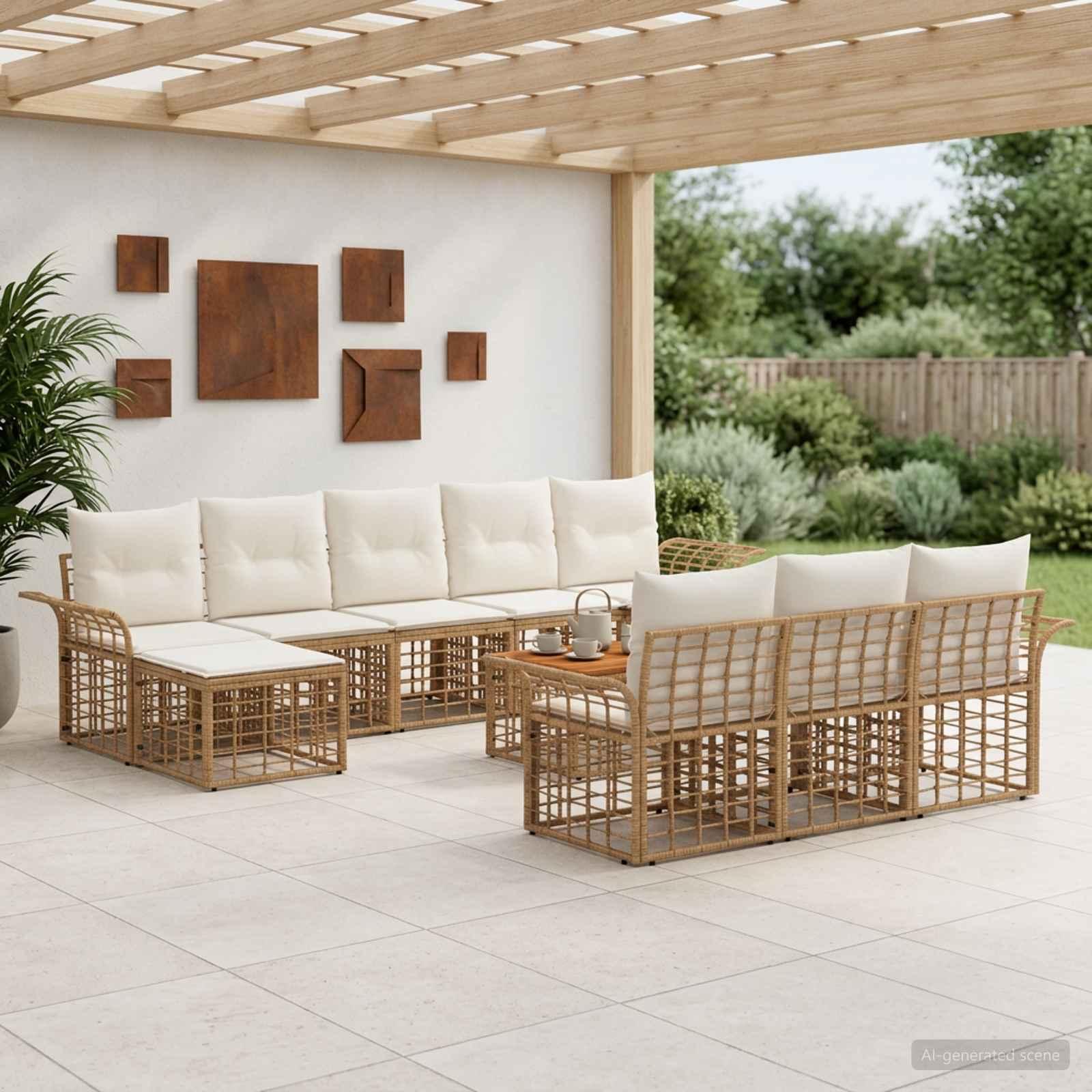 Udendørs sofagruppe 11 stk. i polyrattan med bord - naturlig og cremehvid