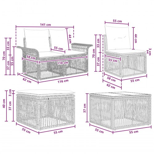 Havesofa sæt 5 stk. i grå polyrattan til terrasse og have