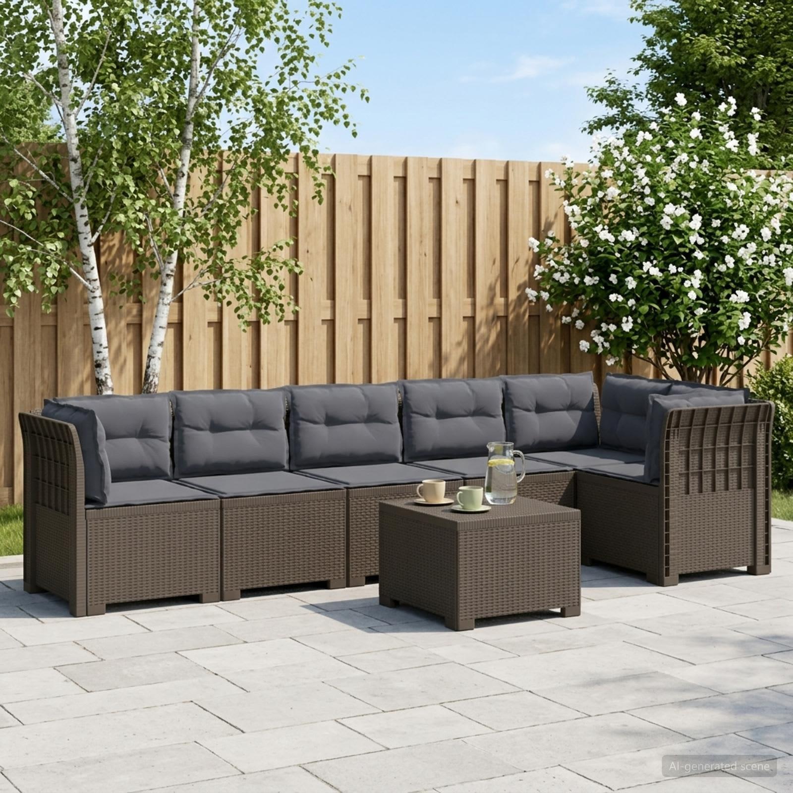 6-personers have sofa med puder i rattan look PP lysegrå