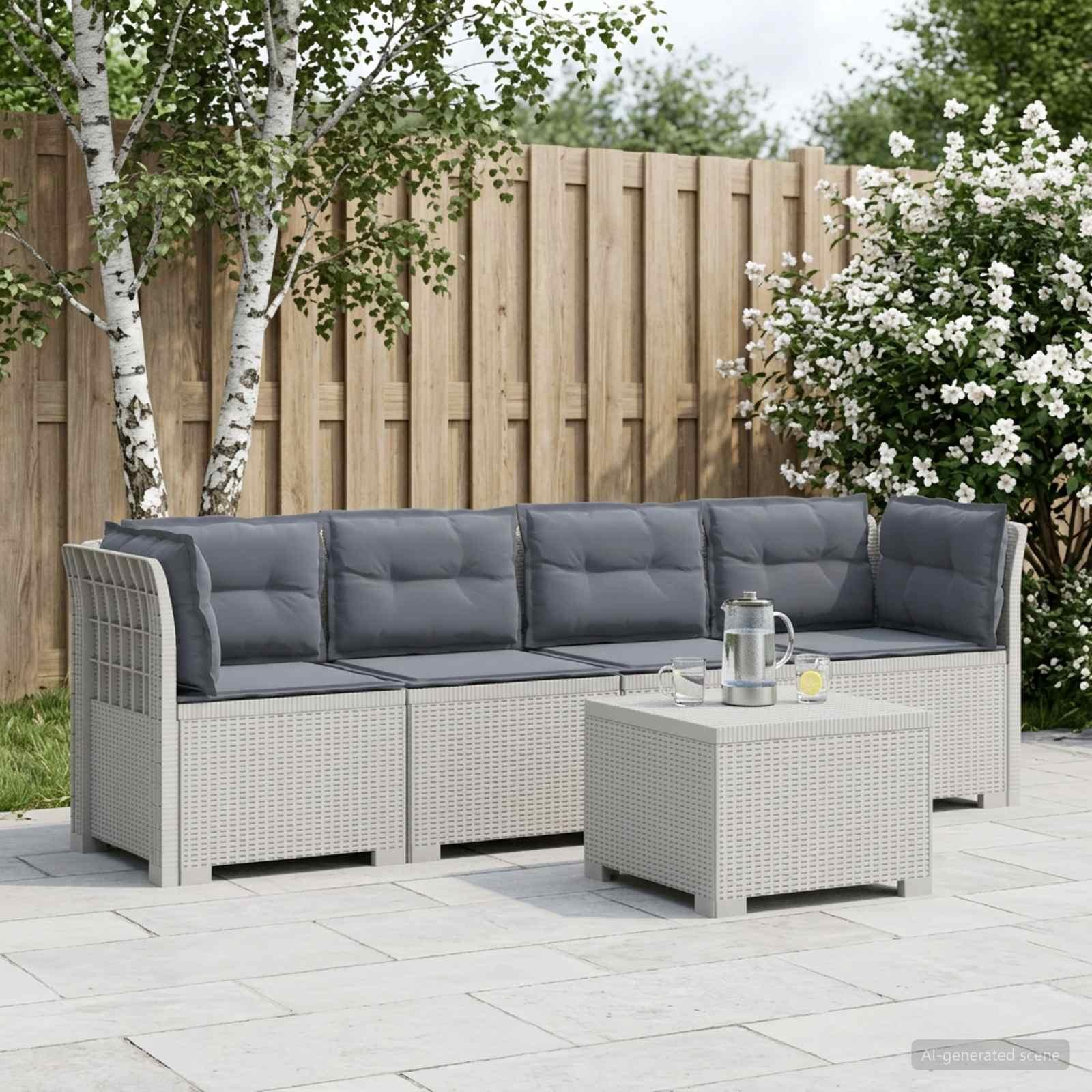 4-personers have-sofa i rattan-look med bord og puder, hvid