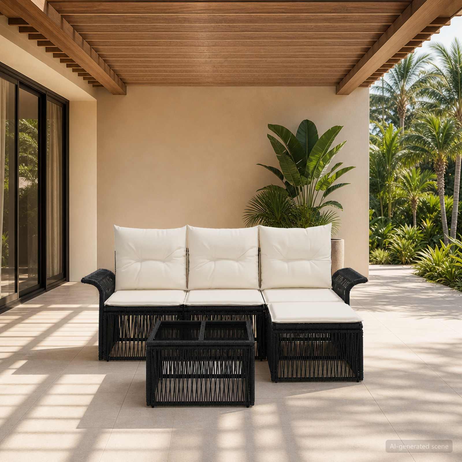 Havesofa sæt 5 stk. i sort polyrattan med hynder