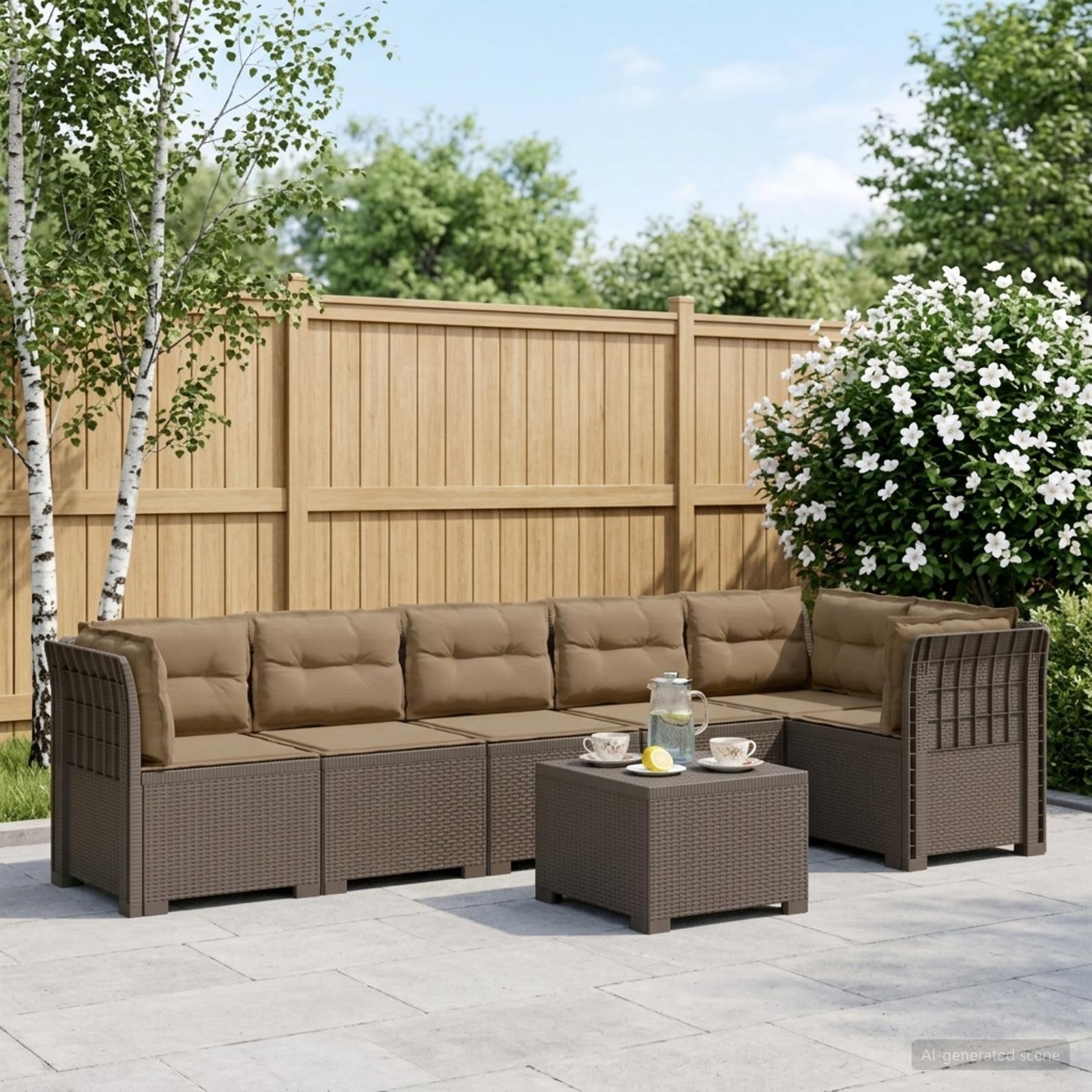 6-personers have sofa med puder i rattan-look PP lysegrå