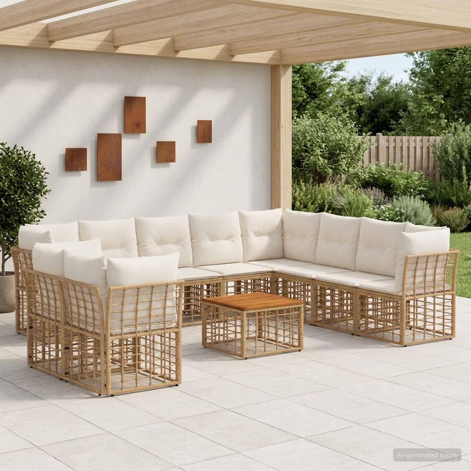 Udendørs sofagruppe 11 stk. i polyrattan - naturlig og cremehvid