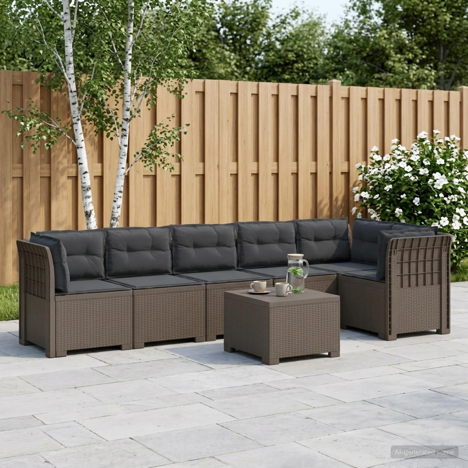 6-personers have sofa med puder i rattan look PP lysegrå