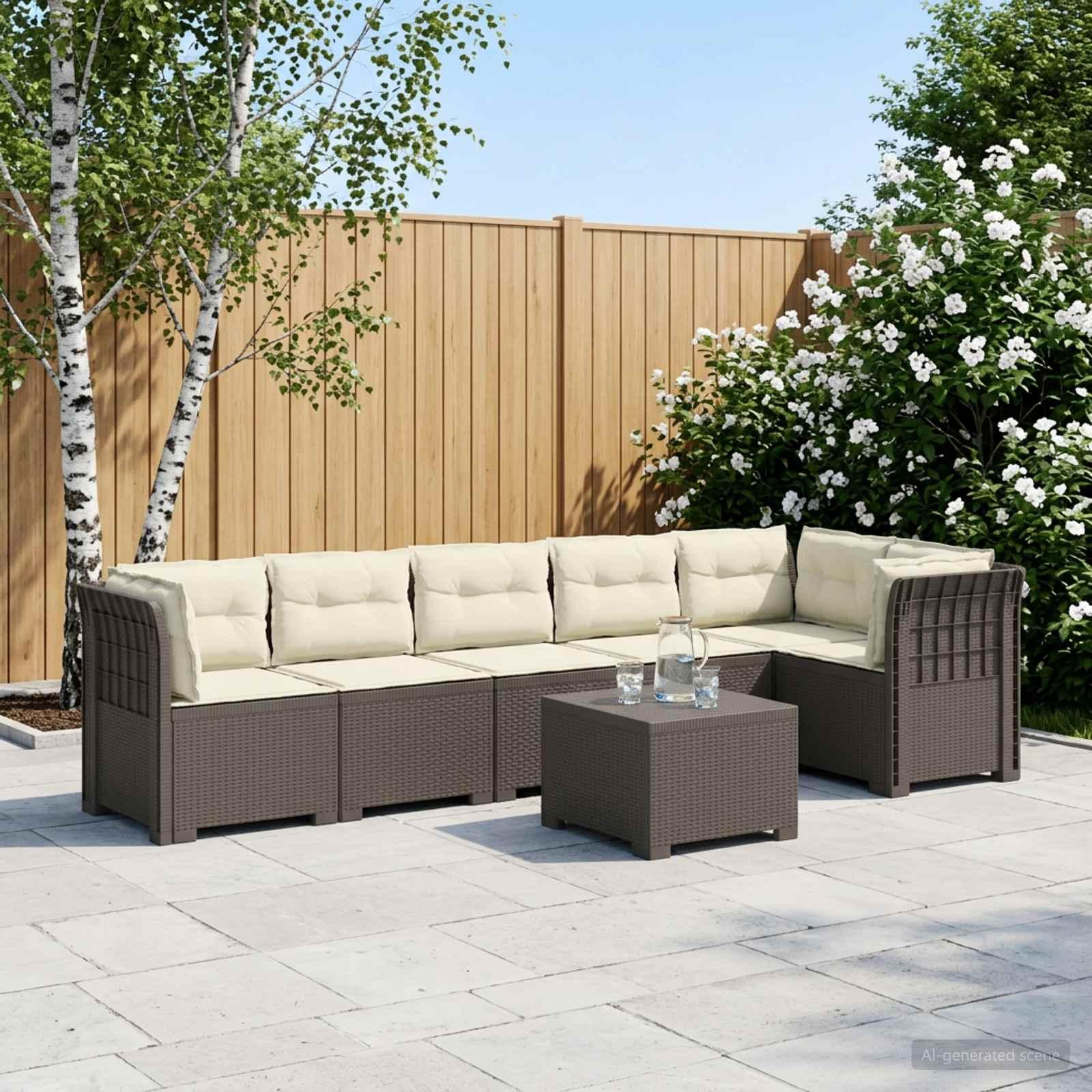 6-personers have sofa med puder i rattan look PP lysegrå