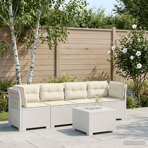 4-personers have-sofa loungesæt i rattan-look PP hvid med creme puder