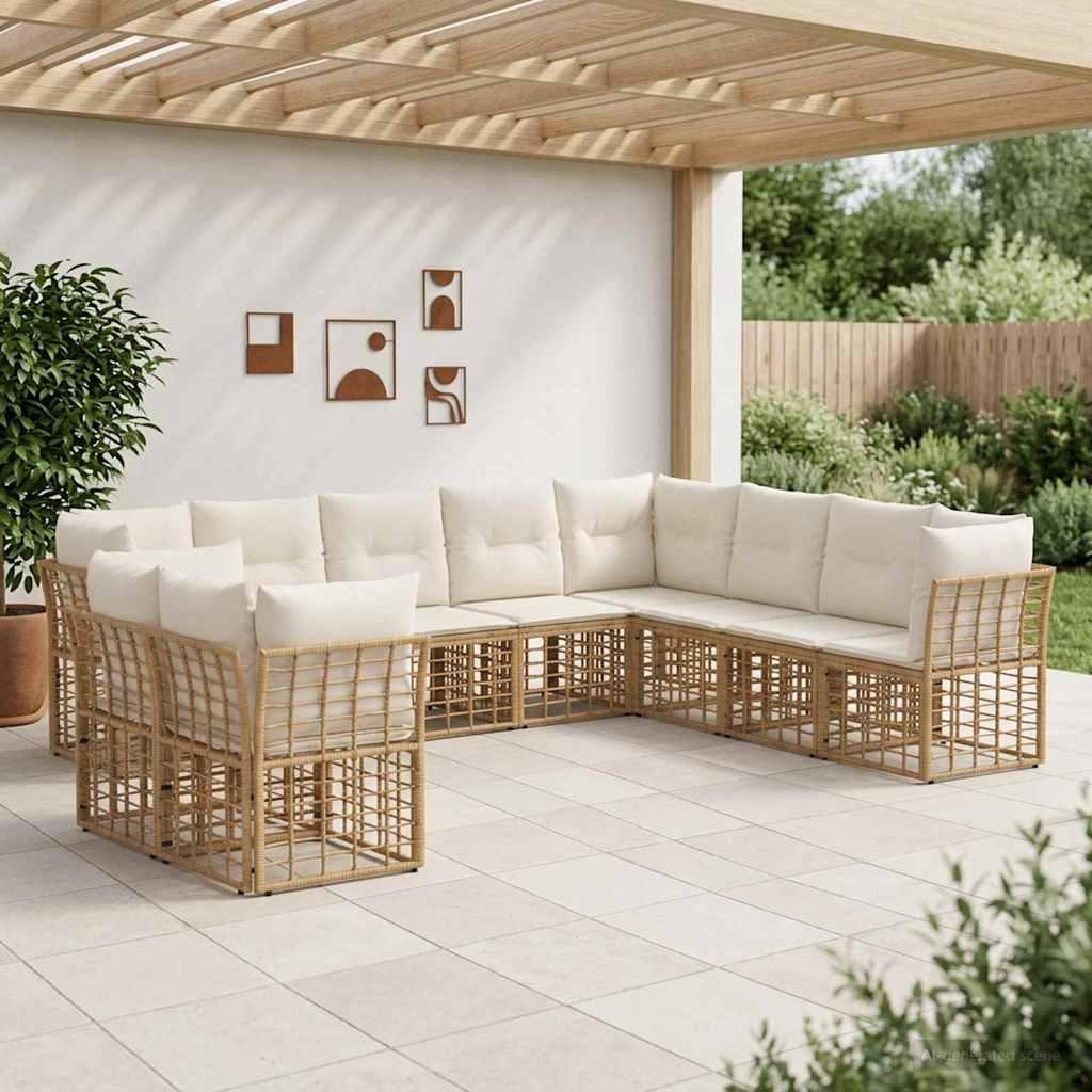 Udendørs sofagruppe i naturfarvet poly rattan med polyesterpuder