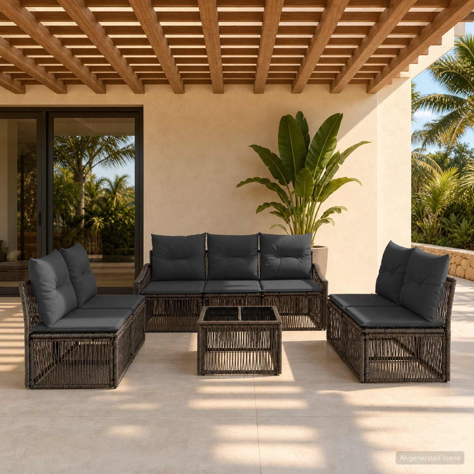 Havesofa sæt 8 dele i grå polyrattan til terrasse og have