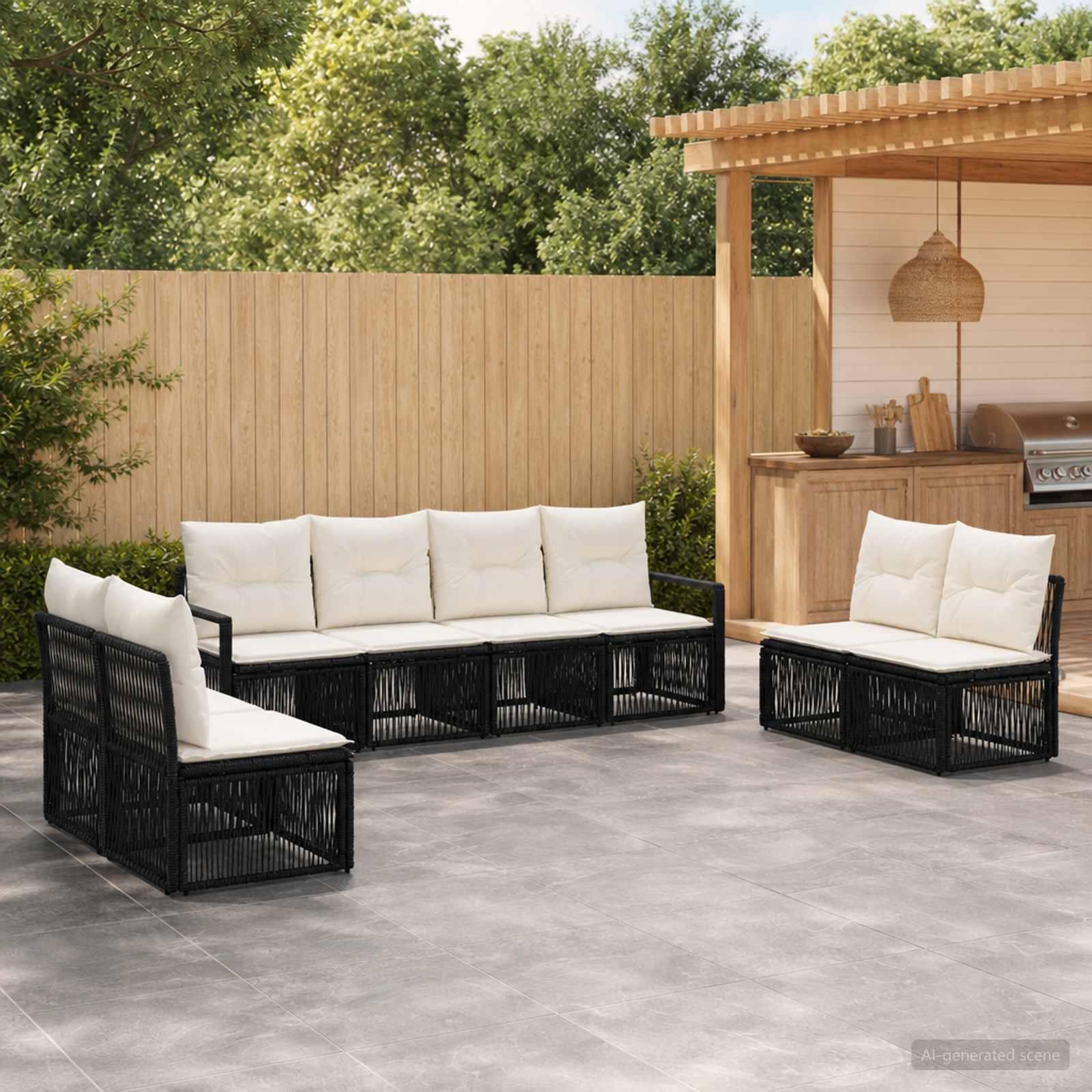 Havesofa sæt 8 stk. i sort polyrattan modulært loungesæt