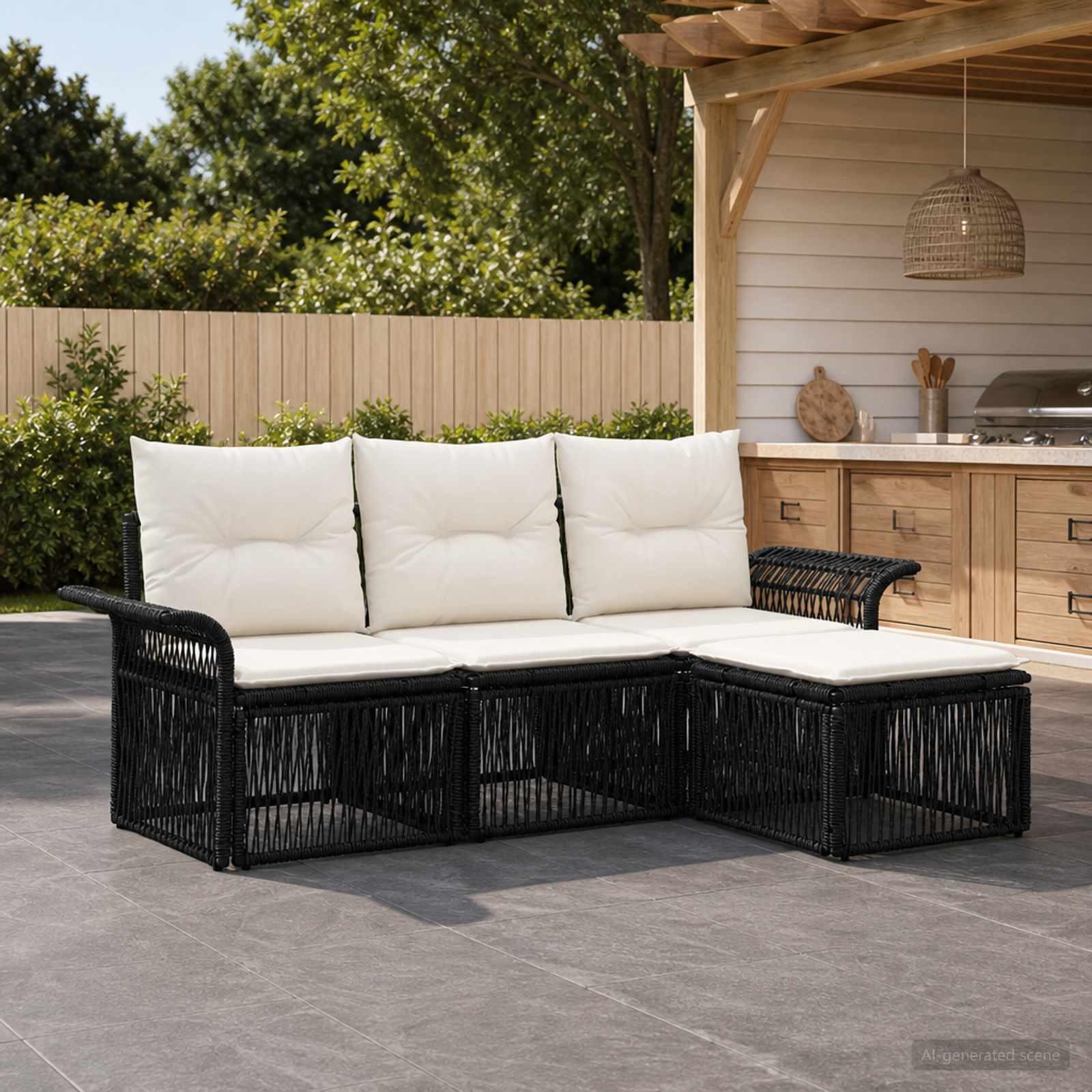 Havesofa sæt 4 dele i sort polyrattan med lyse hynder