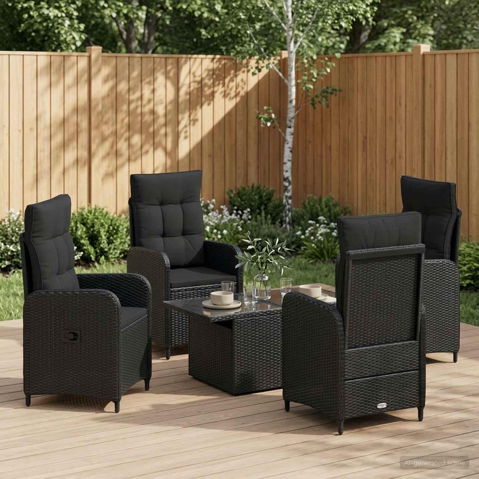 Udendørs spise sæt 5 dele i sort polyrattan med justerbare stole