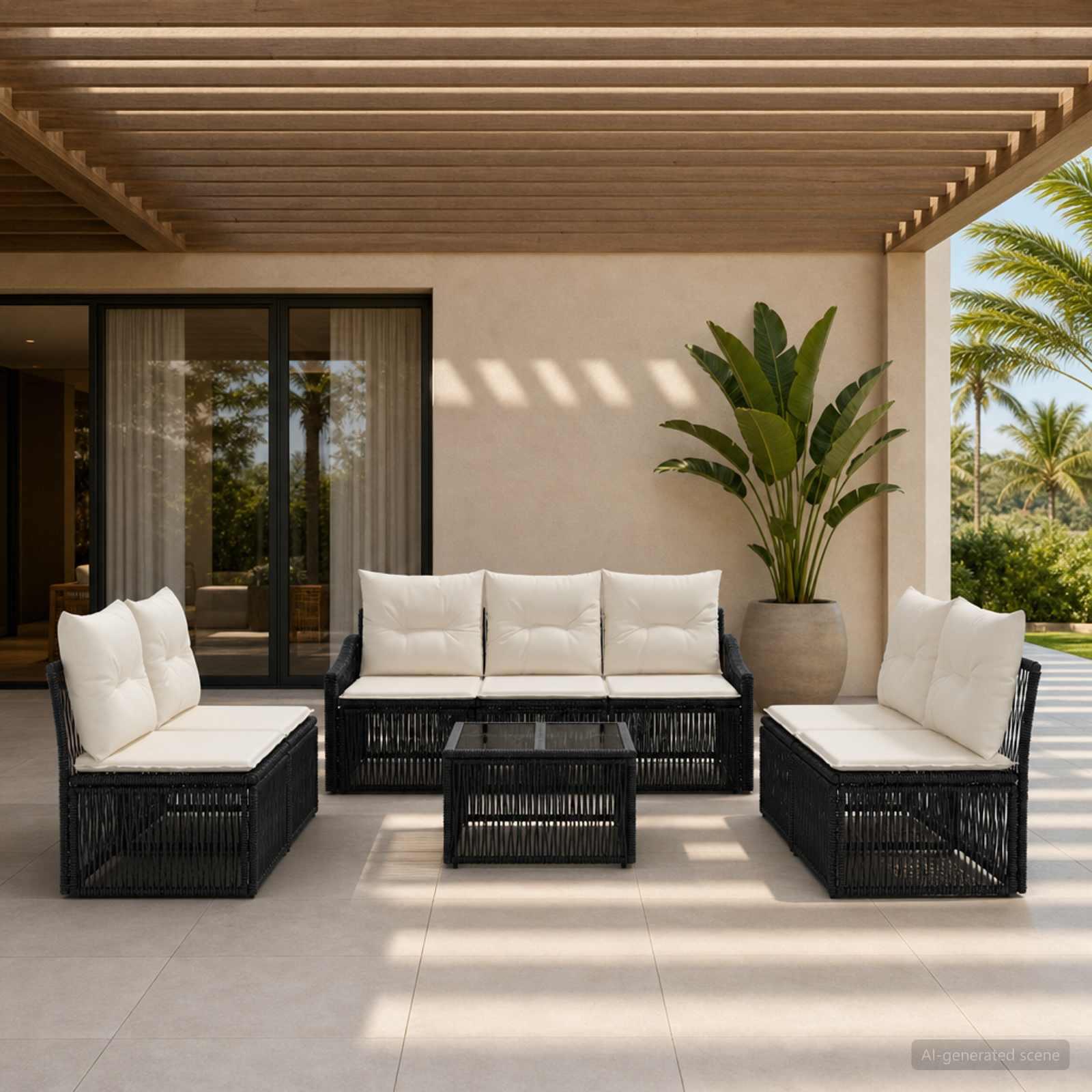 Havesofa sæt 8 dele i sort polyrattan med hynder