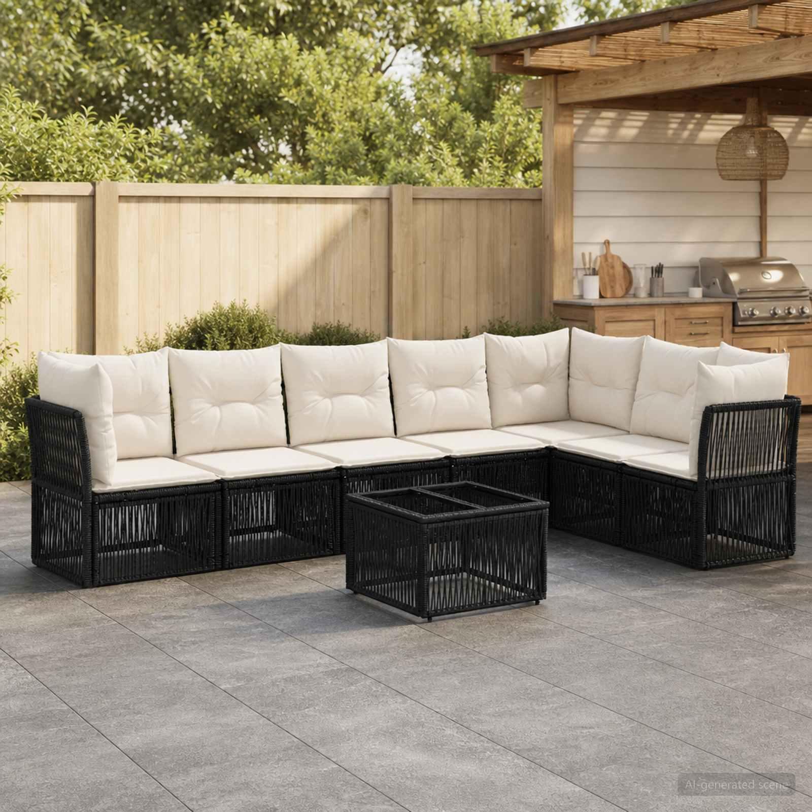 Havesofa sæt 8 stk. i sort polyrattan med modulært loungesæt
