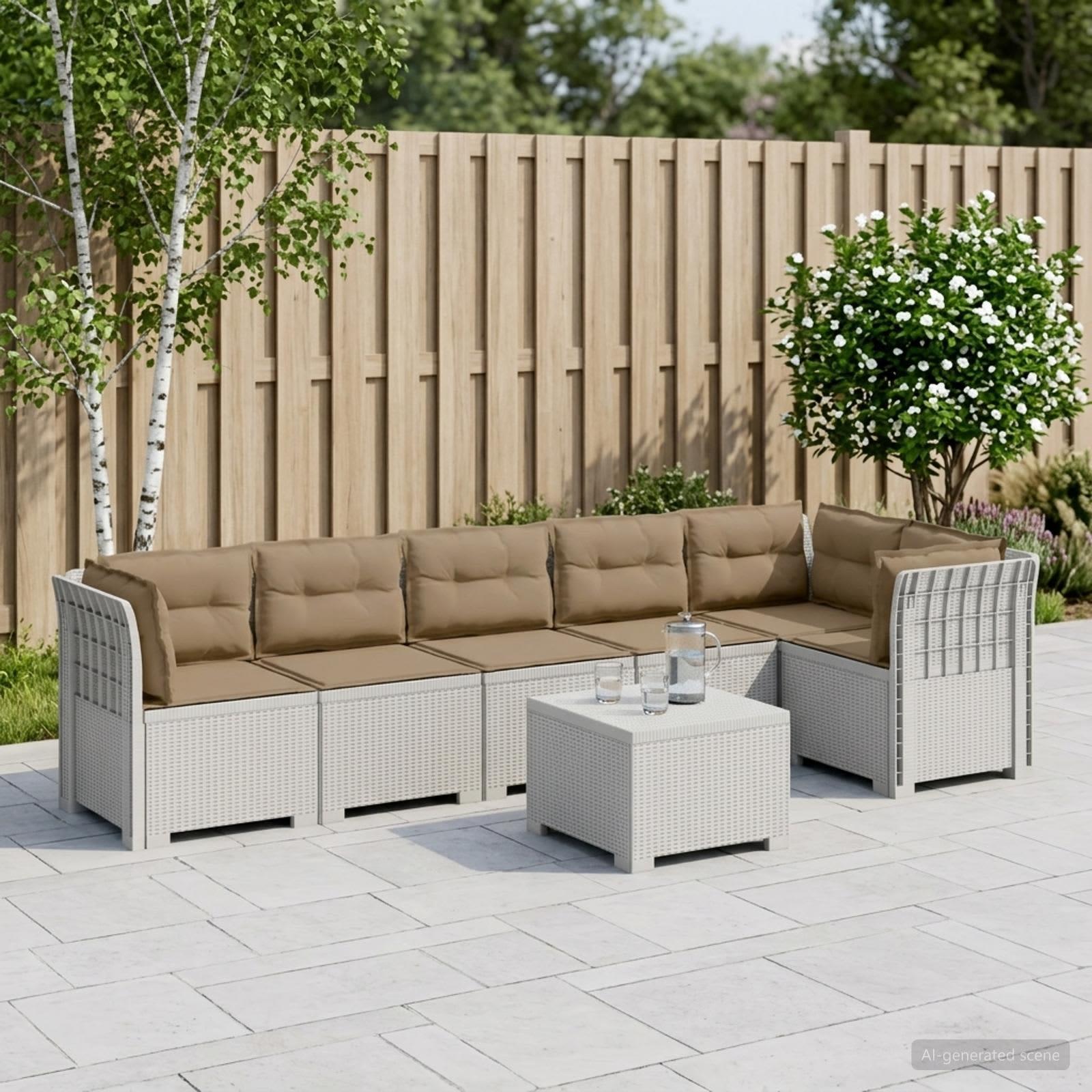 6-personers have sofa loungesæt i rattan look PP hvid med puder