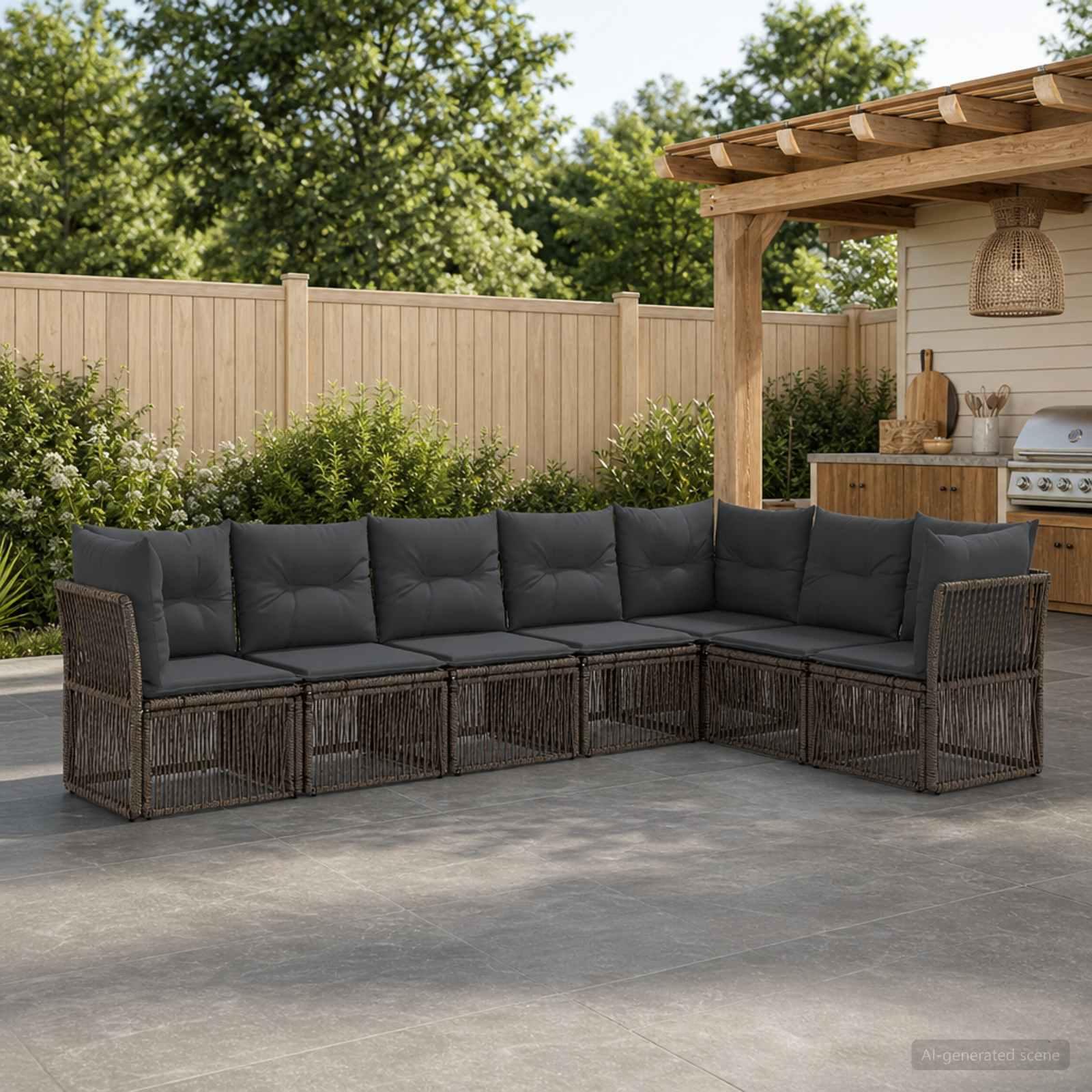 Havesofa sæt 7 stk. i grå polyrattan modulsofa til terrasse