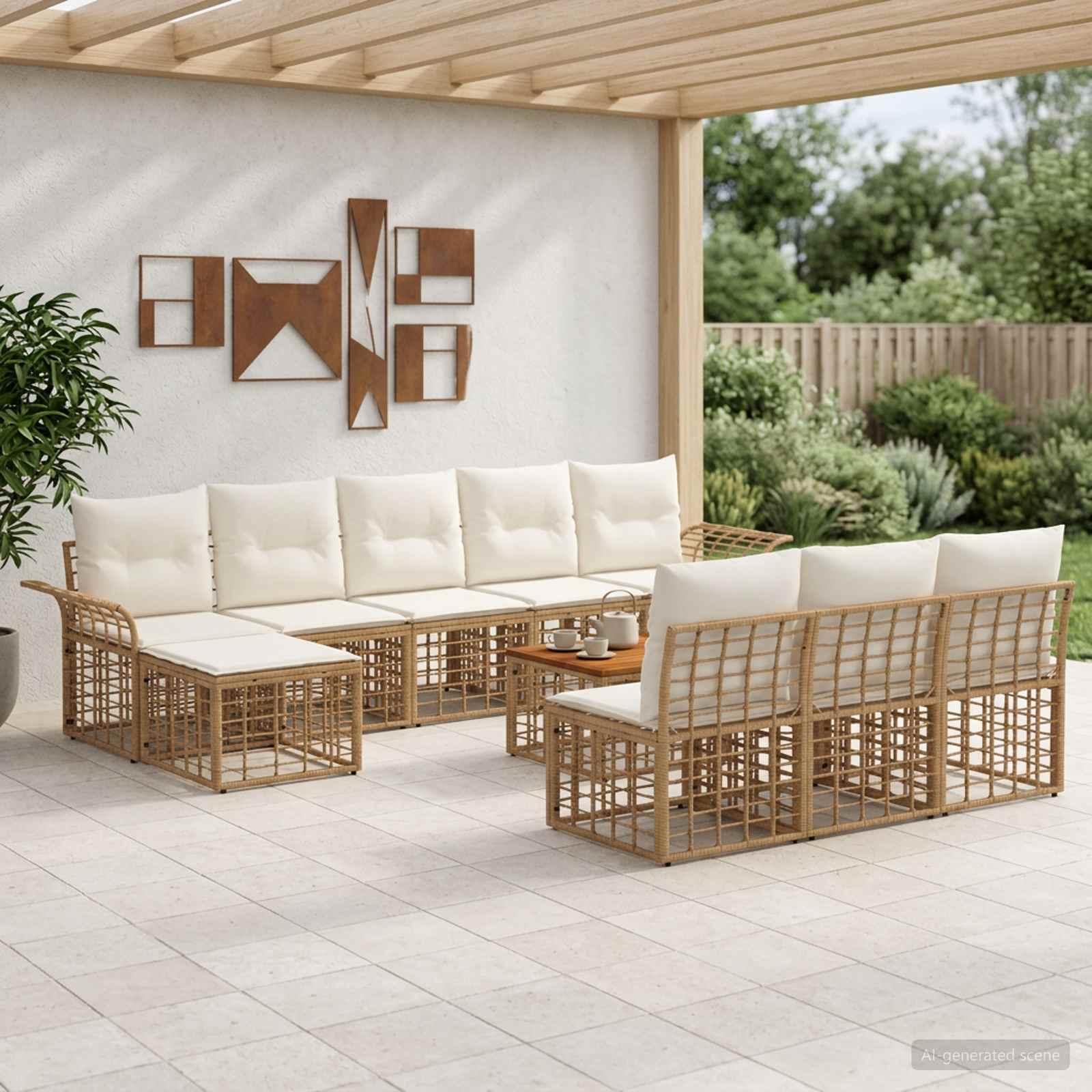 Udendørs sofagruppe 11 stk. i poly rattan - naturlig og cremehvid