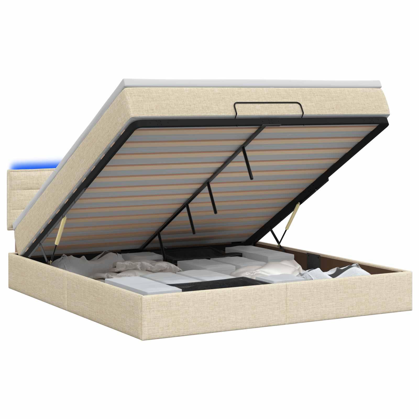 Ottoman seng med madras og LED 180 x 200 cm - cremefarvet stof
