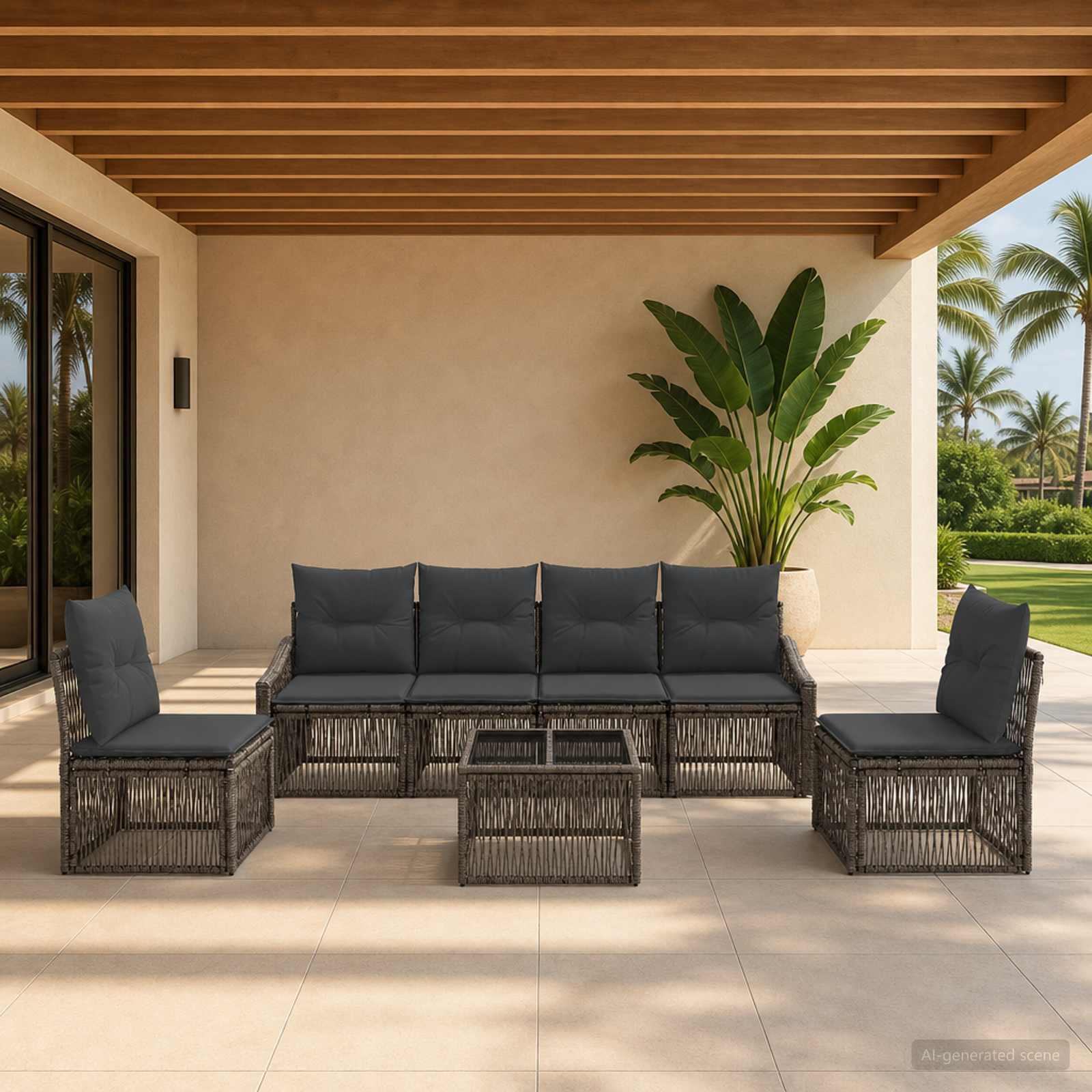 Havesofa sæt 7 stk. i grå polyrattan til terrasse og have