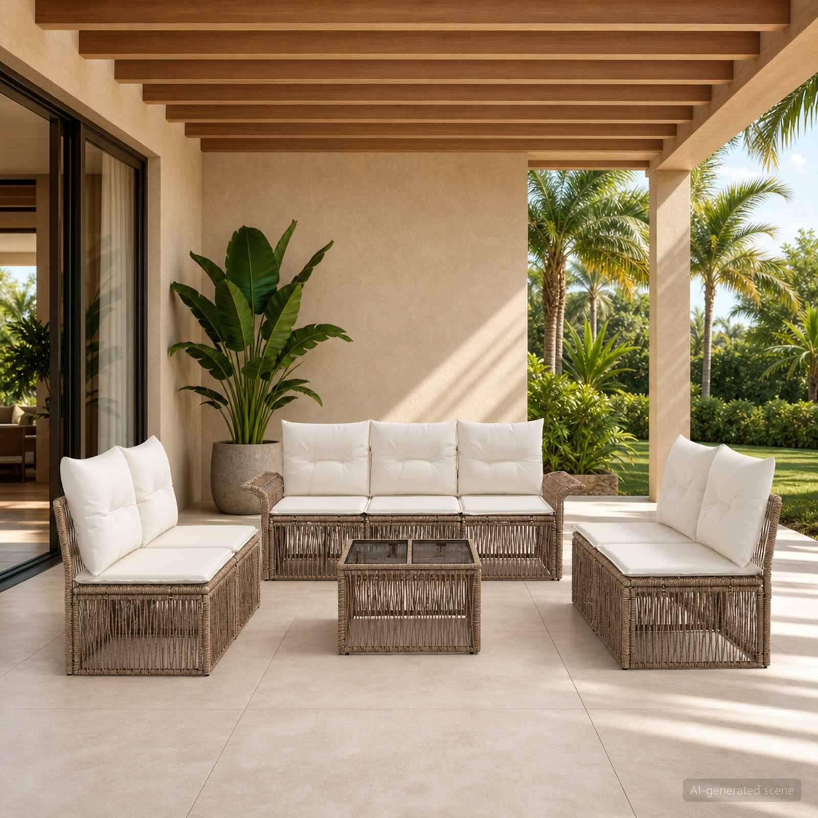 Havesofa sæt 8 stk. i beige polyrattan til have og terrasse