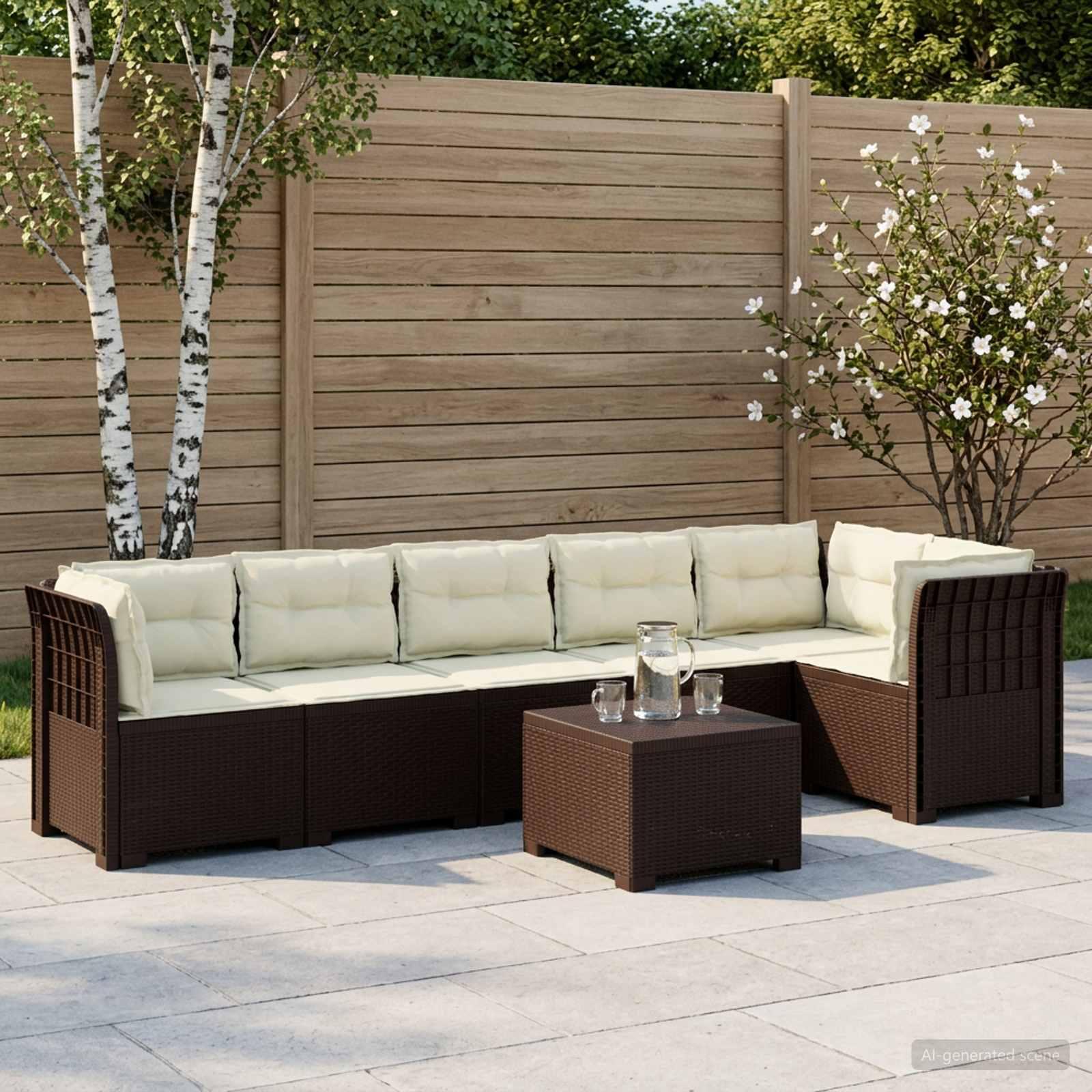 6-personers have sofa med puder i rattan-look PP brun