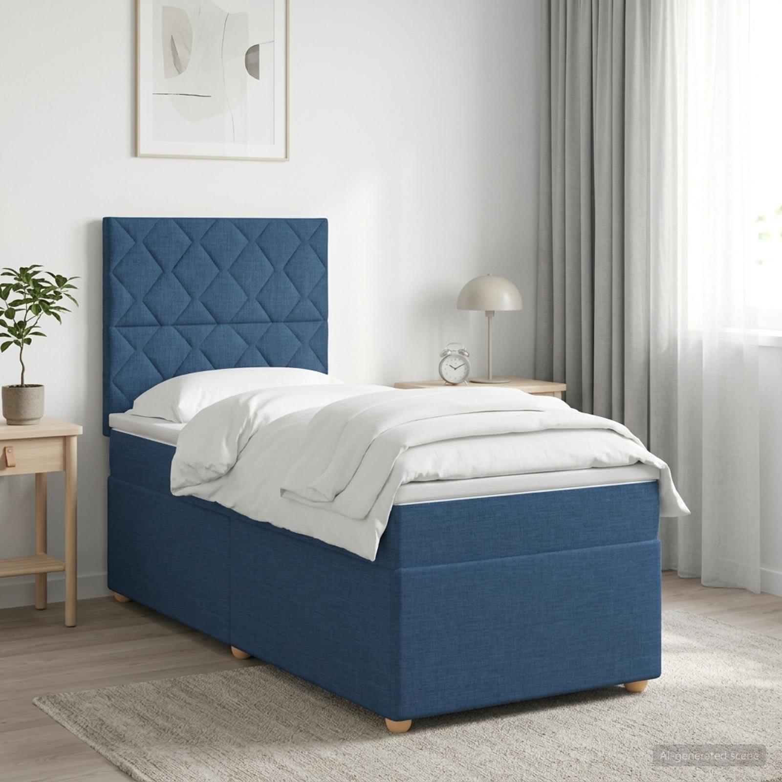 Boxmadras med topmadras og hovedgærde 100 x 200 cm - blå stof