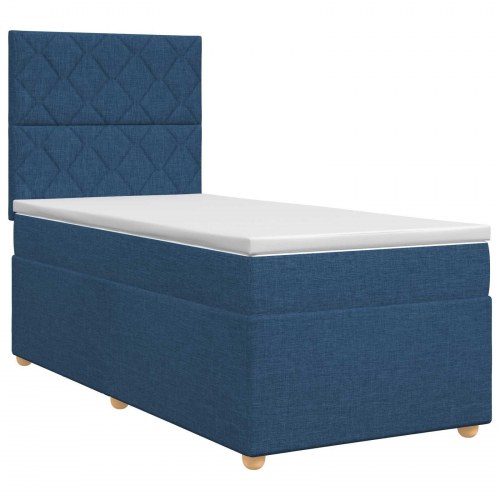 Boxmadras med topmadras og hovedgærde 100 x 200 cm - blå stof