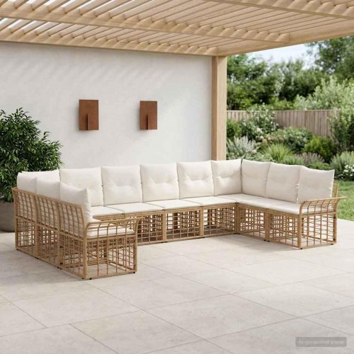 Udendørs sofagruppe 10 stk. i polyrattan med cremehvide puder - naturlig