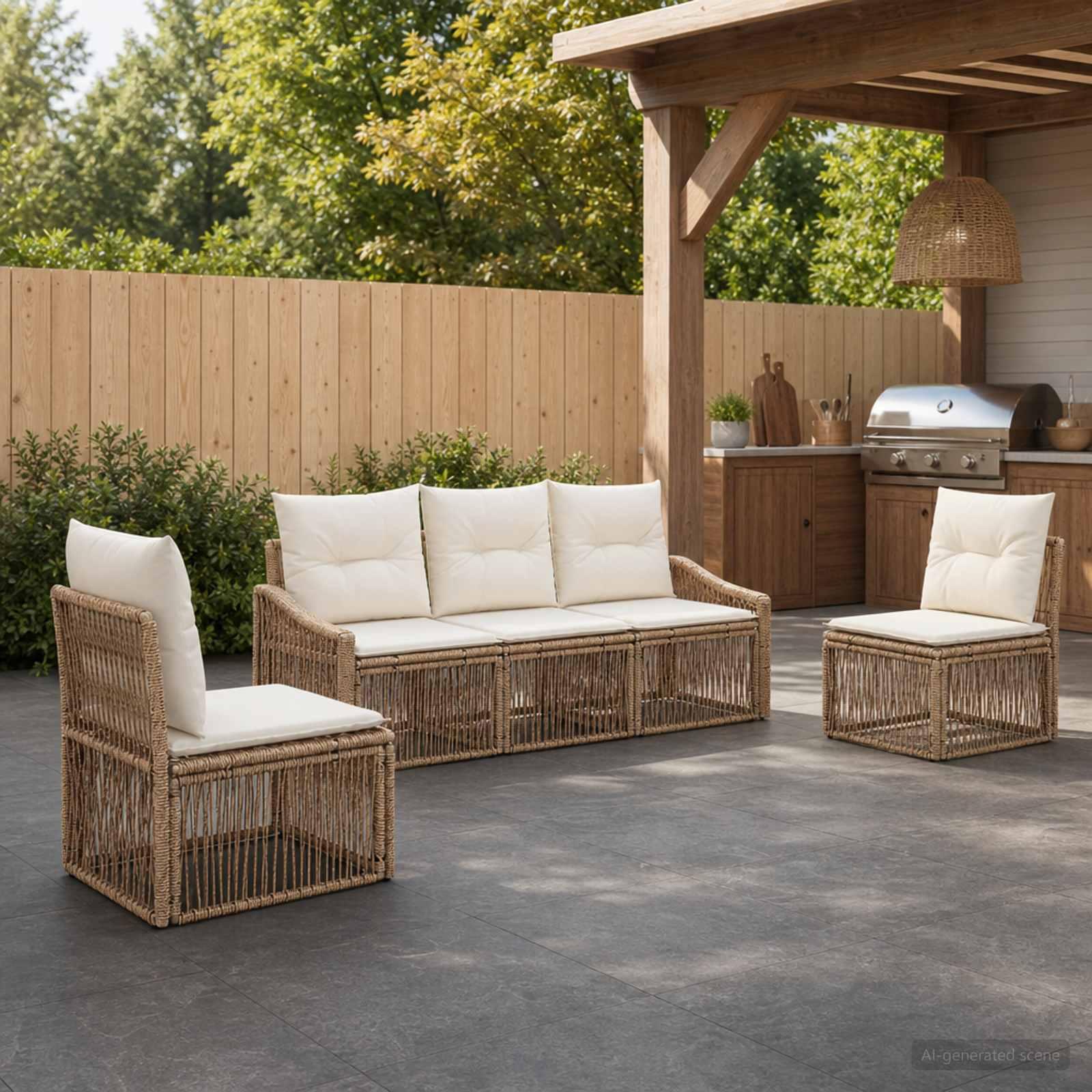 Havesofa sæt 5 stk. i beige polyrattan modulsofa til have og terrasse