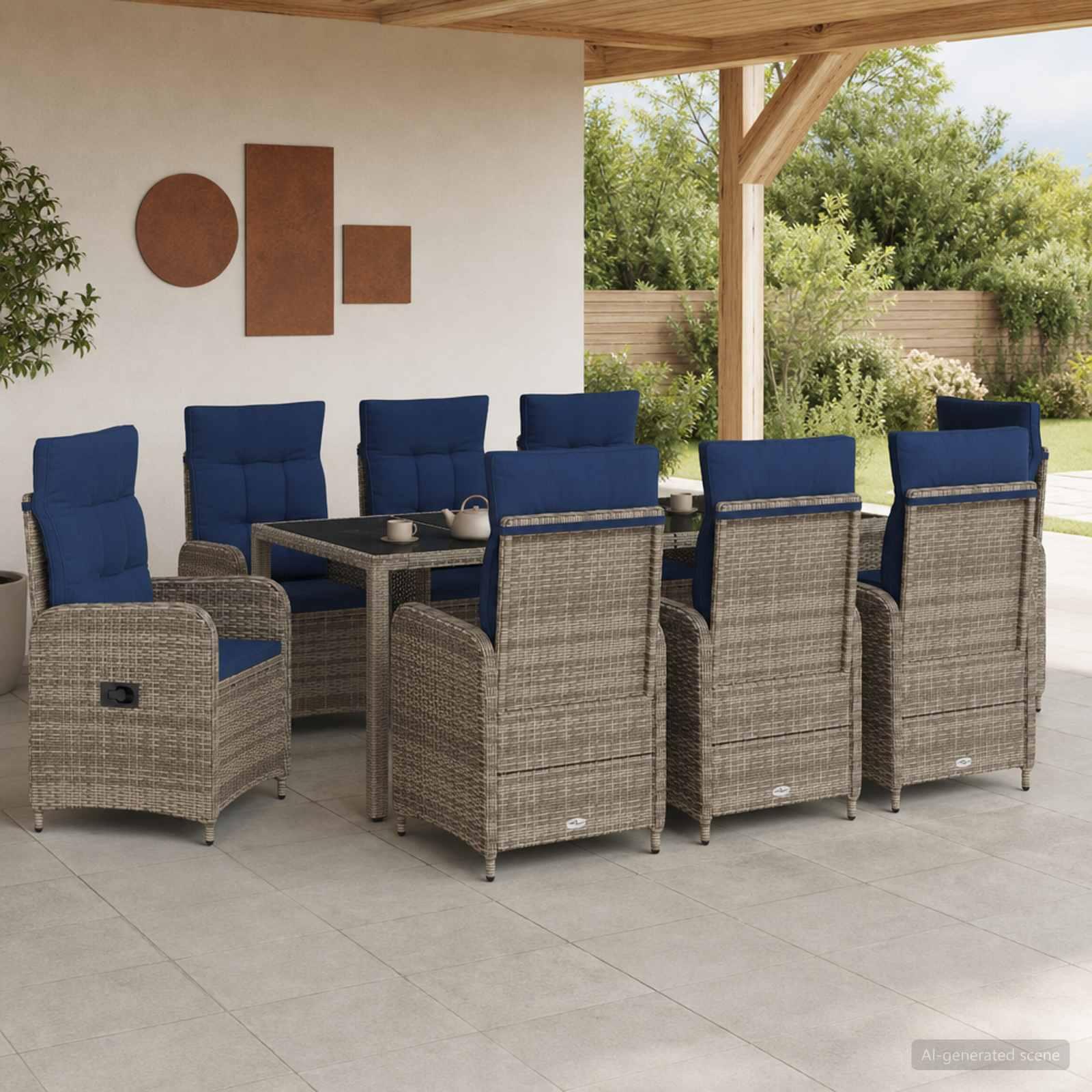 Udendørs spisegruppe i polyrattan 9 dele med justerbare stole