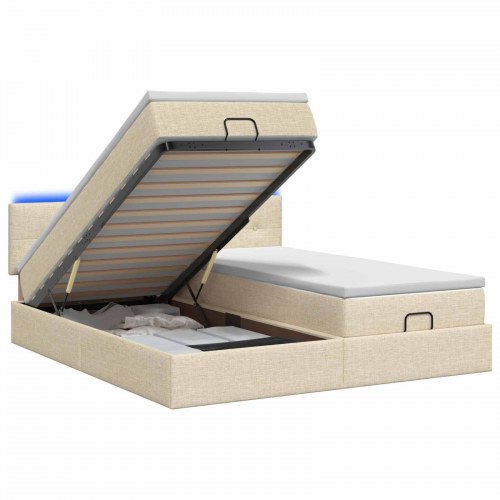 Ottoman seng med madras og LED 180 x 200 cm i creme stof