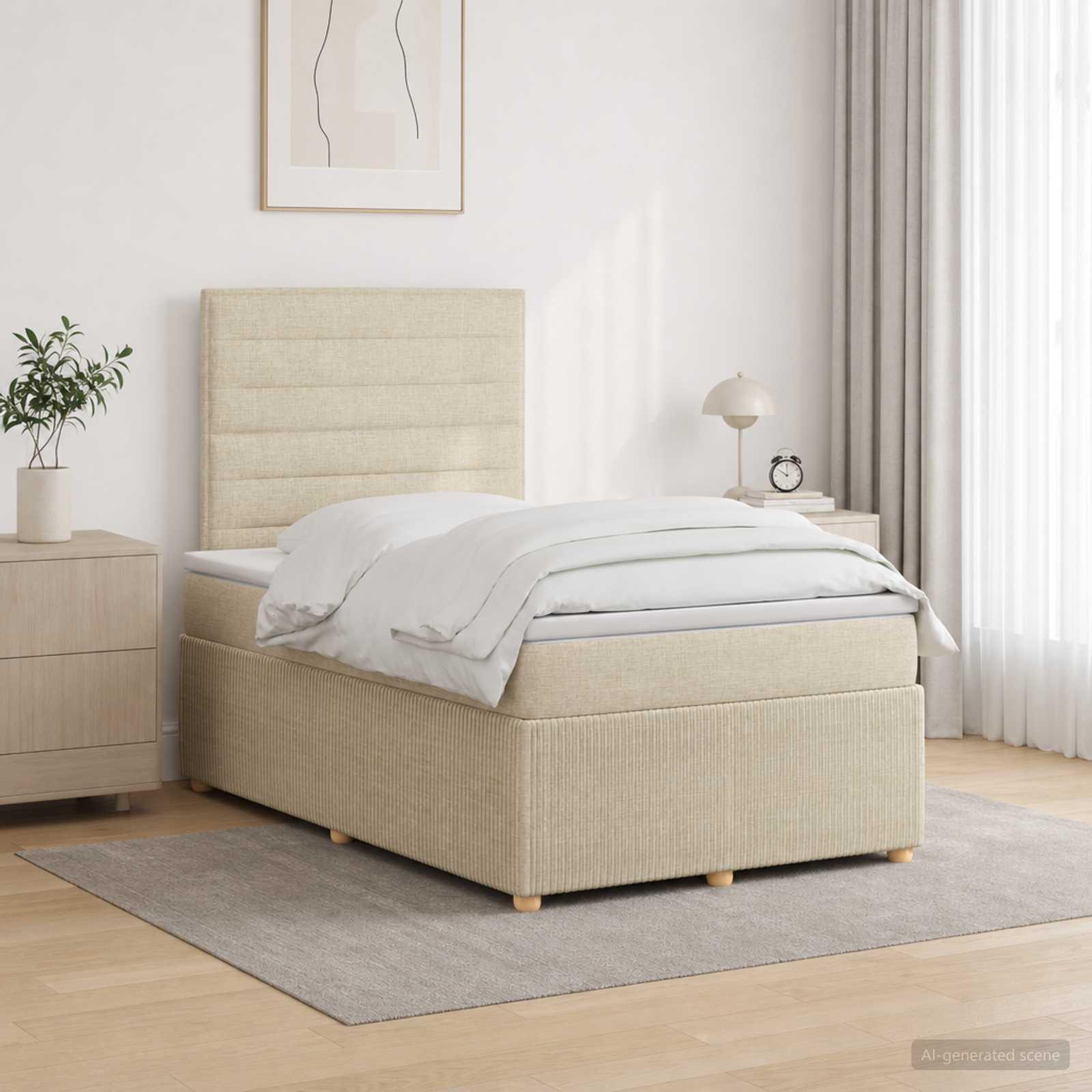 Boksmadras-seng med topmadras 120 x 190 cm i cremefarvet stof