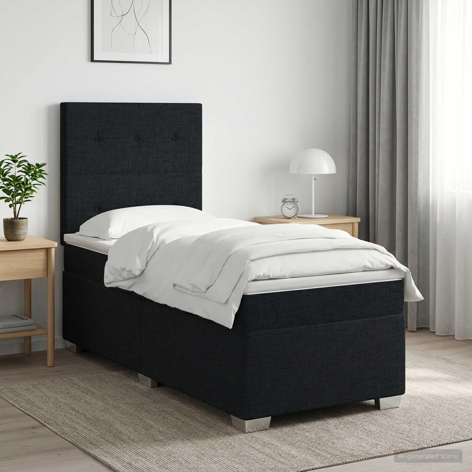 Boxmadras med topmadras og justerbart hovedgærde 90 x 190 cm - sort stof