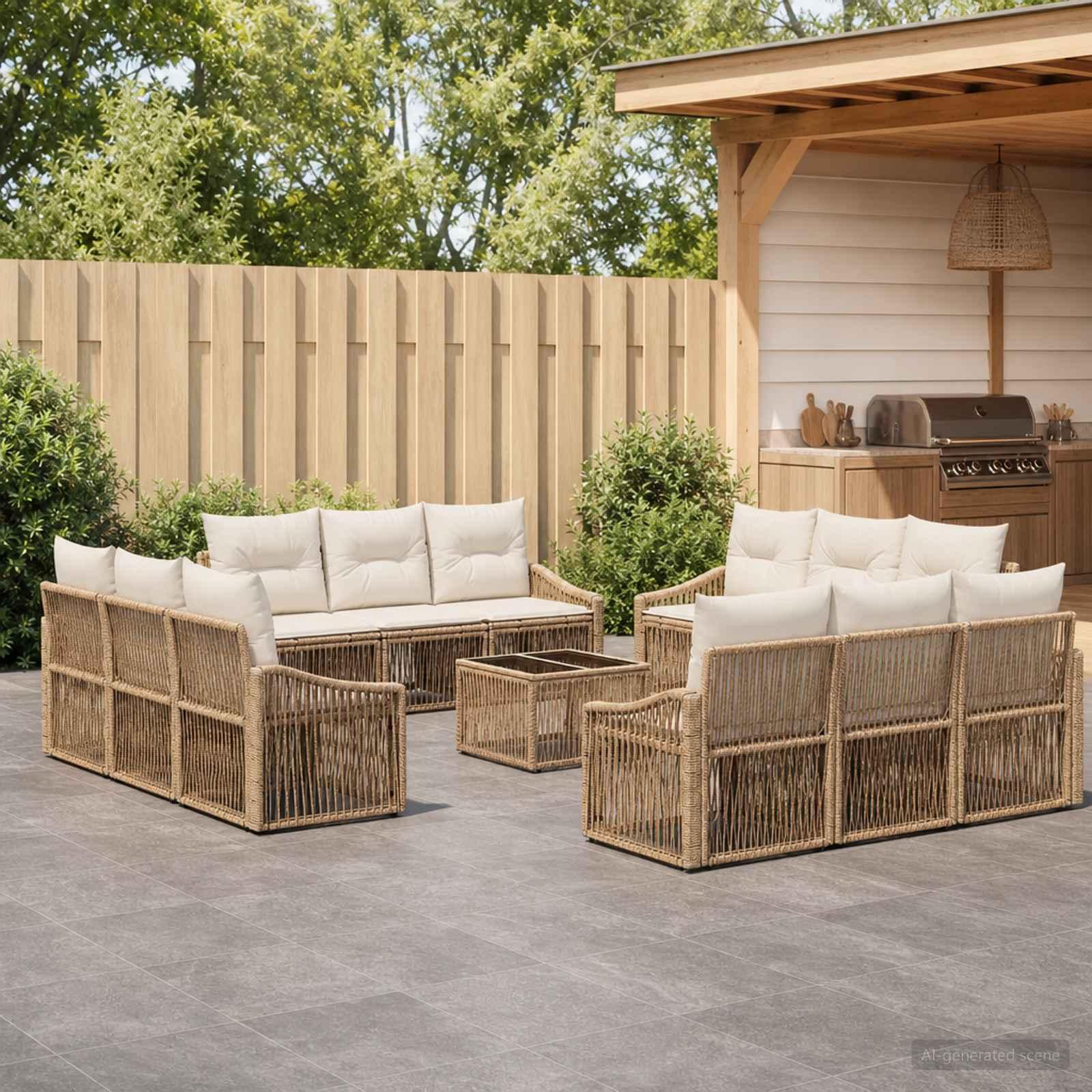 Havesofa sæt 13 stk. i beige polyrattan med bord