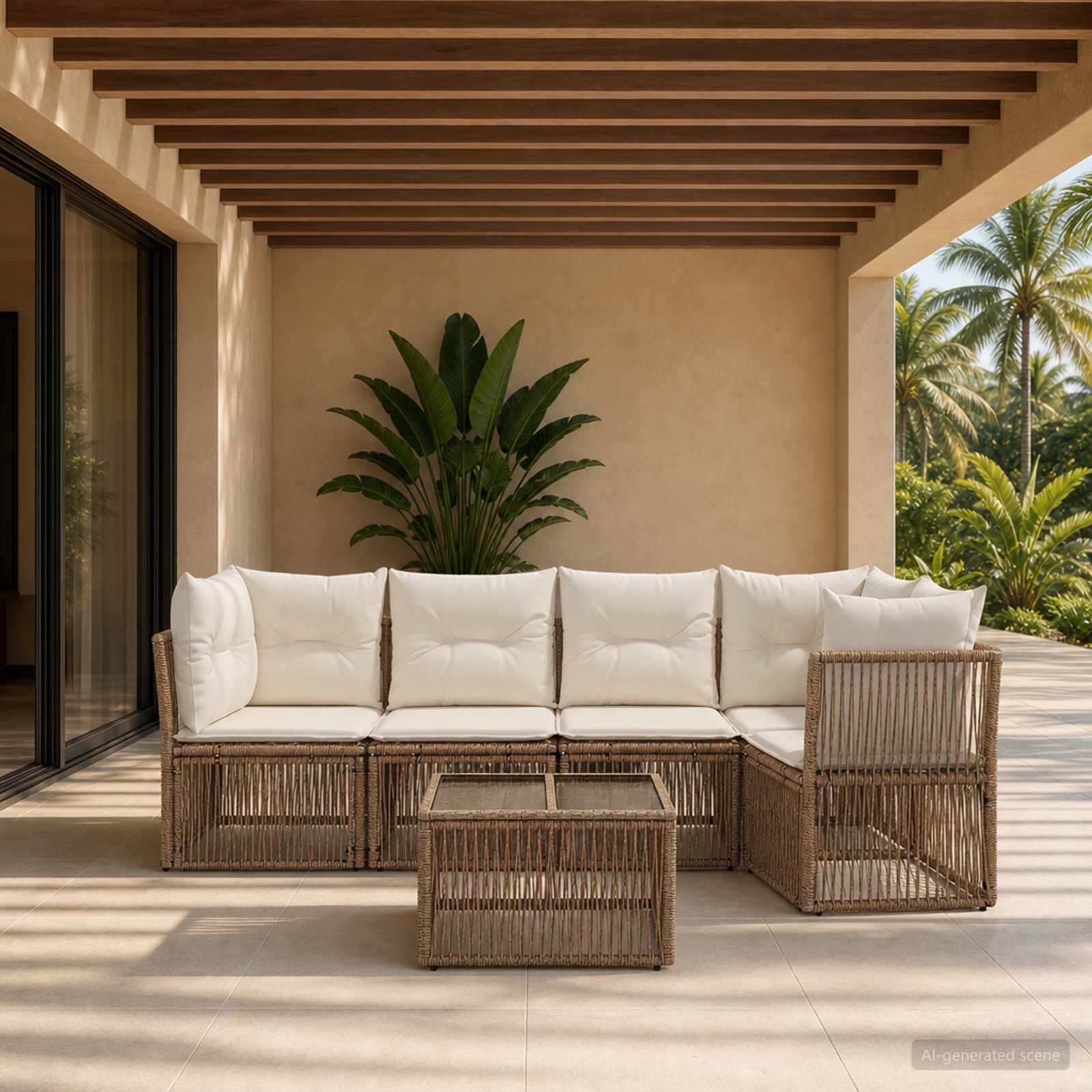 Havesofa sæt 6 stk. i beige polyrattan med bord