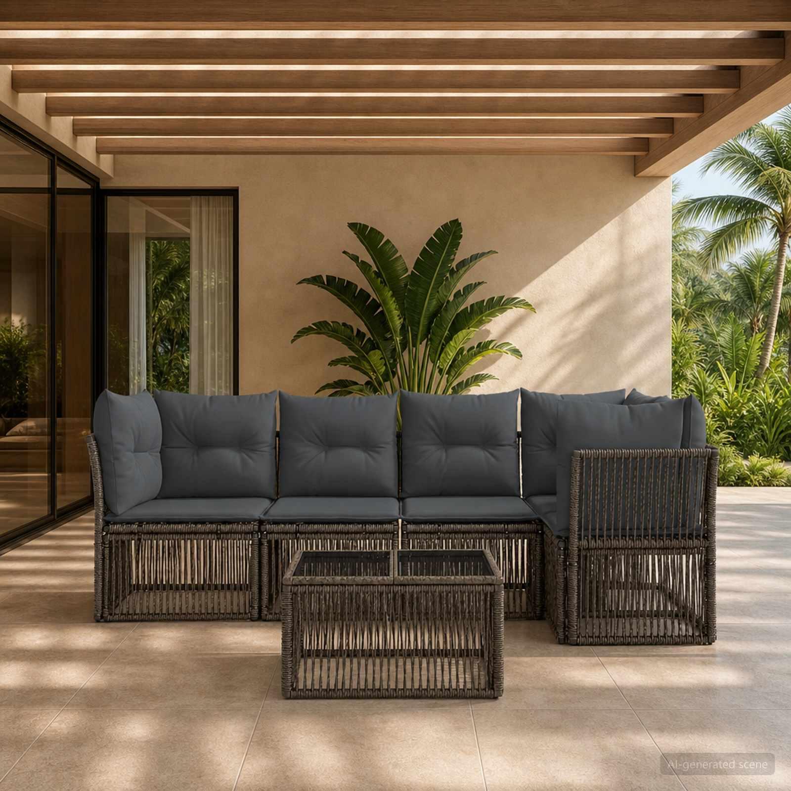 Havesofa sæt 6 stk. i grå polyrattan til terrasse og have