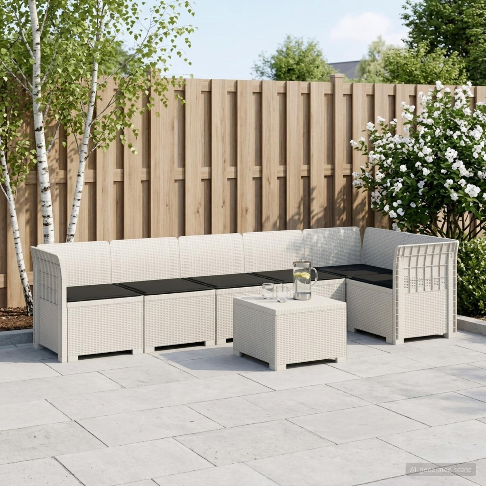 6-personers havesofa loungesæt med puder i rattan-look PP - hvid