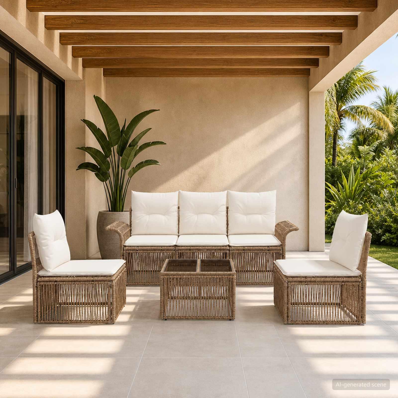 Havesofa sæt 6 dele i beige polyrattan