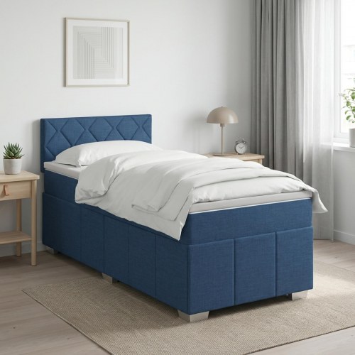 Boxmadras med topmadras og hovedgærde 100 x 200 cm - blå stof