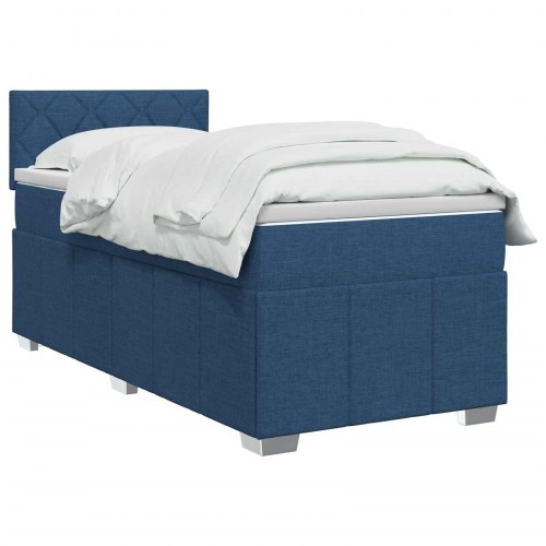 Boxmadras med topmadras og hovedgærde 100 x 200 cm - blå stof