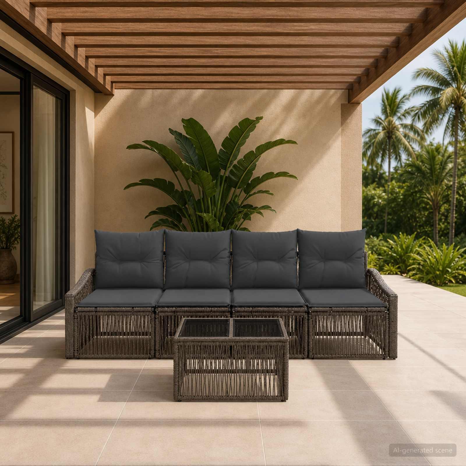 Havesofa sæt 5 dele i grå polyrattan med bord