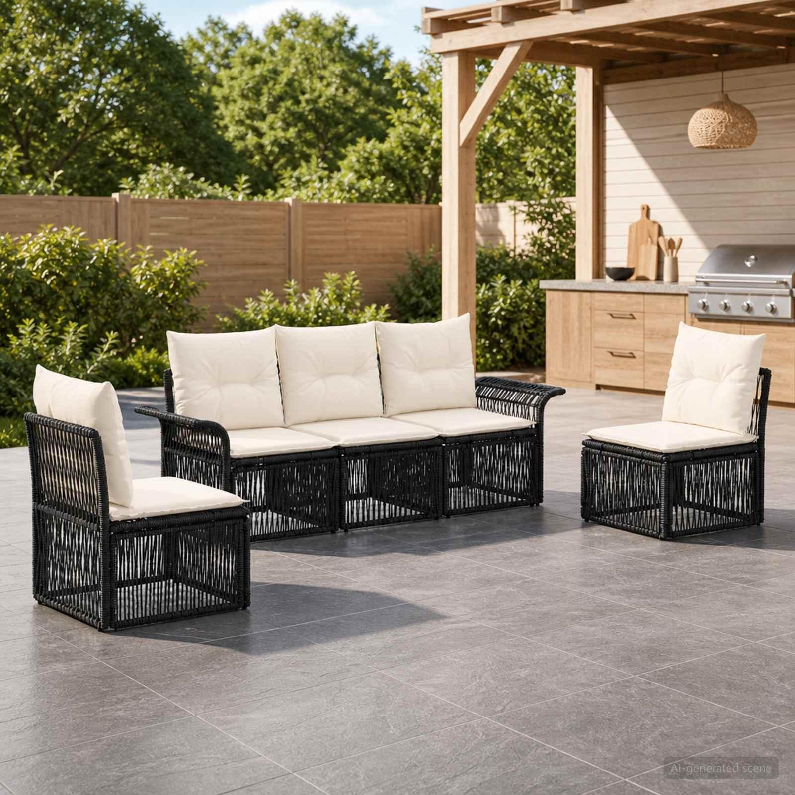 Havesofa sæt 5 stk. i sort polyrattan med hynder