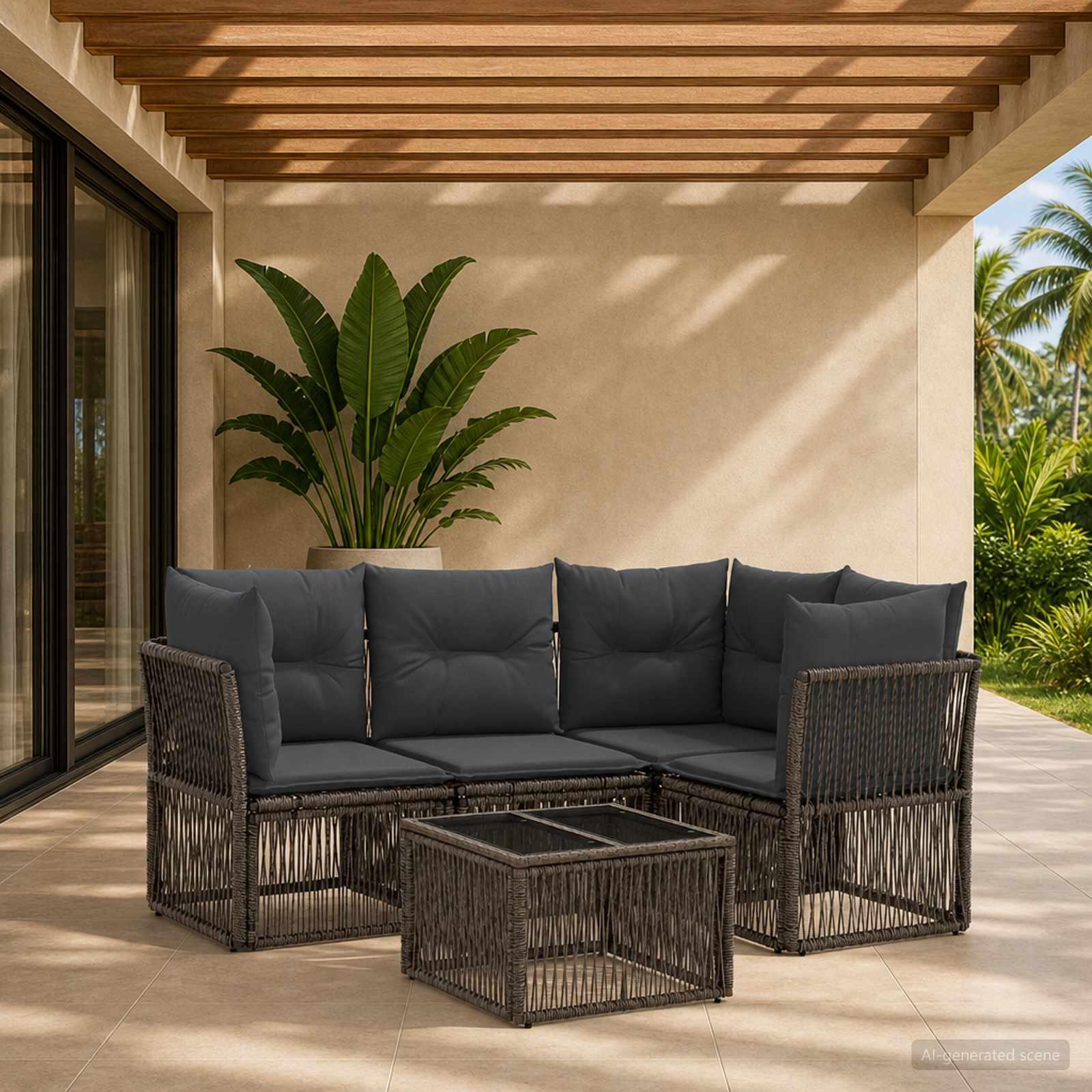 Havesofa sæt 5 stk. i grå polyrattan med bord