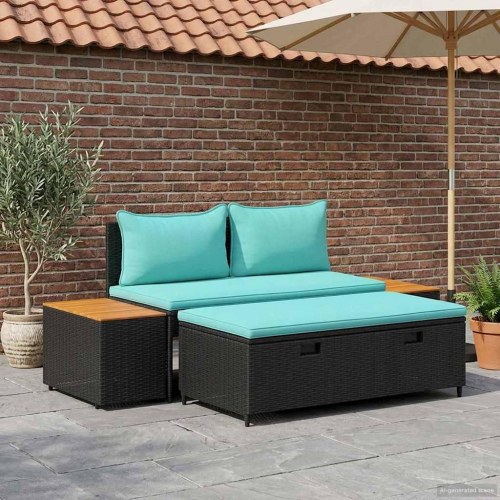 Udendørs sofagruppe 4-personers i polyrattan med opbevaring - sort/turkis