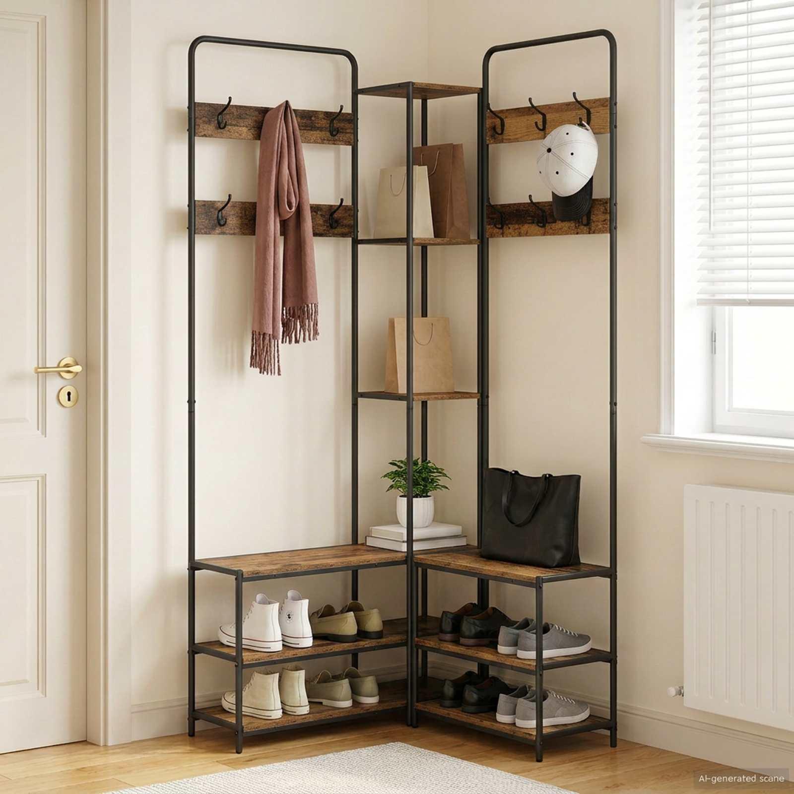 Knagerække med skobænk og hylder 143 x 30 x 199,5 cm - gammelt træ