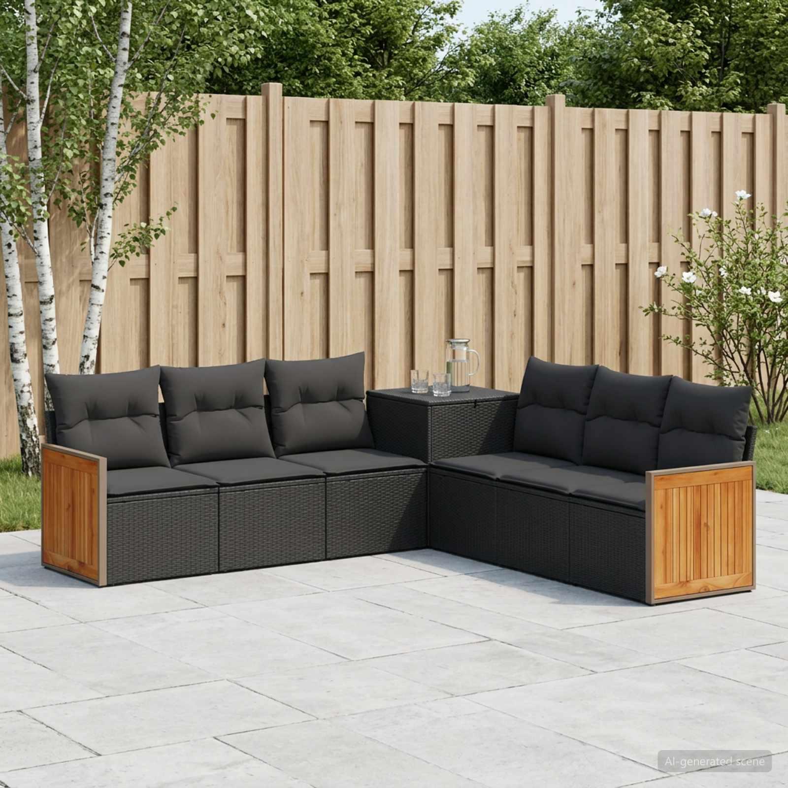 Sofa sæt 7 stk. i sort poly rattan og stål til have og terrasse