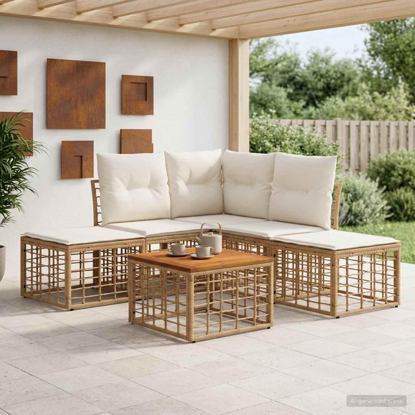 Udendørs sofagruppe 6 stk. i polyrattan - naturlig og cremehvid