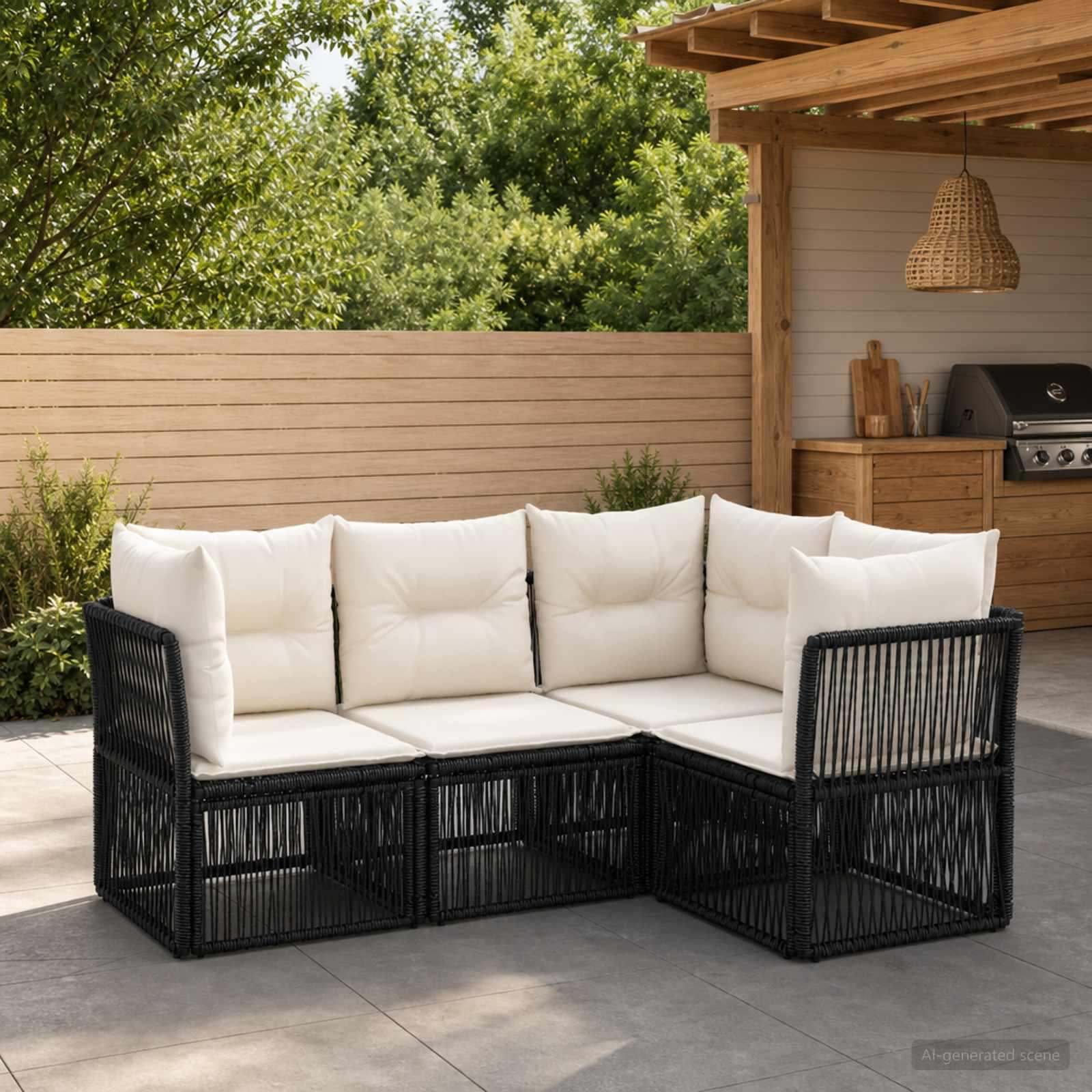 Havesofa sæt 4 stk. i sort polyrattan med modulopbygning