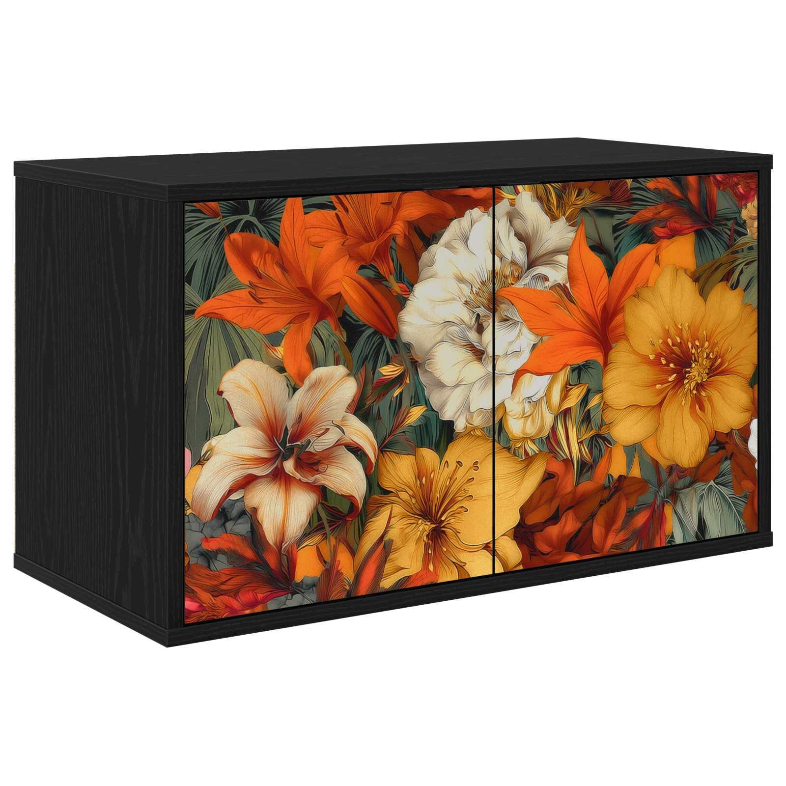 Væghængt TV-skab GENNEP 69 x 33 x 40 cm i sort eg med blomstermotiv