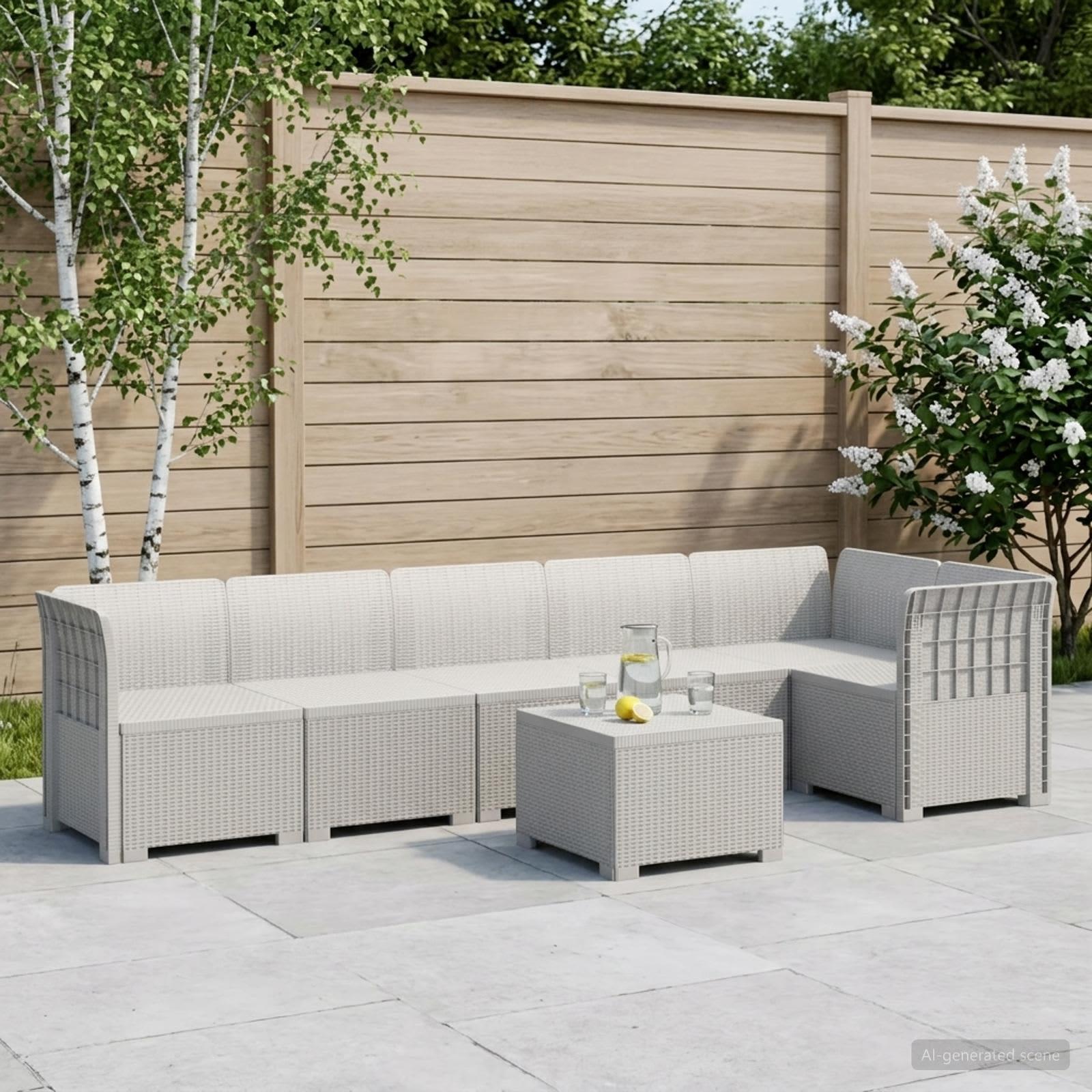 6-personers have sofa i rattan look PP med bord - hvid