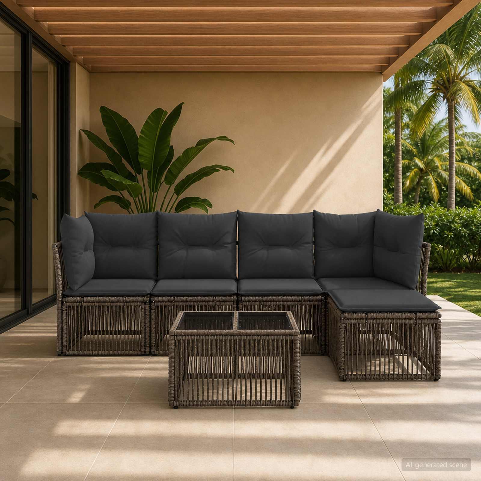 Havesofa sæt 6 stk. i grå polyrattan - modulært have lounge sæt